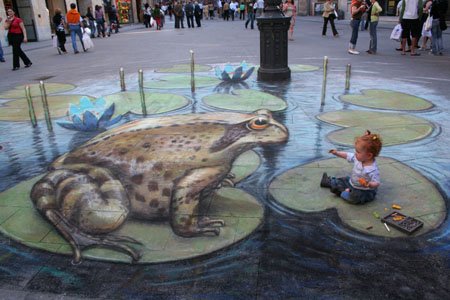 Child and a huge frog